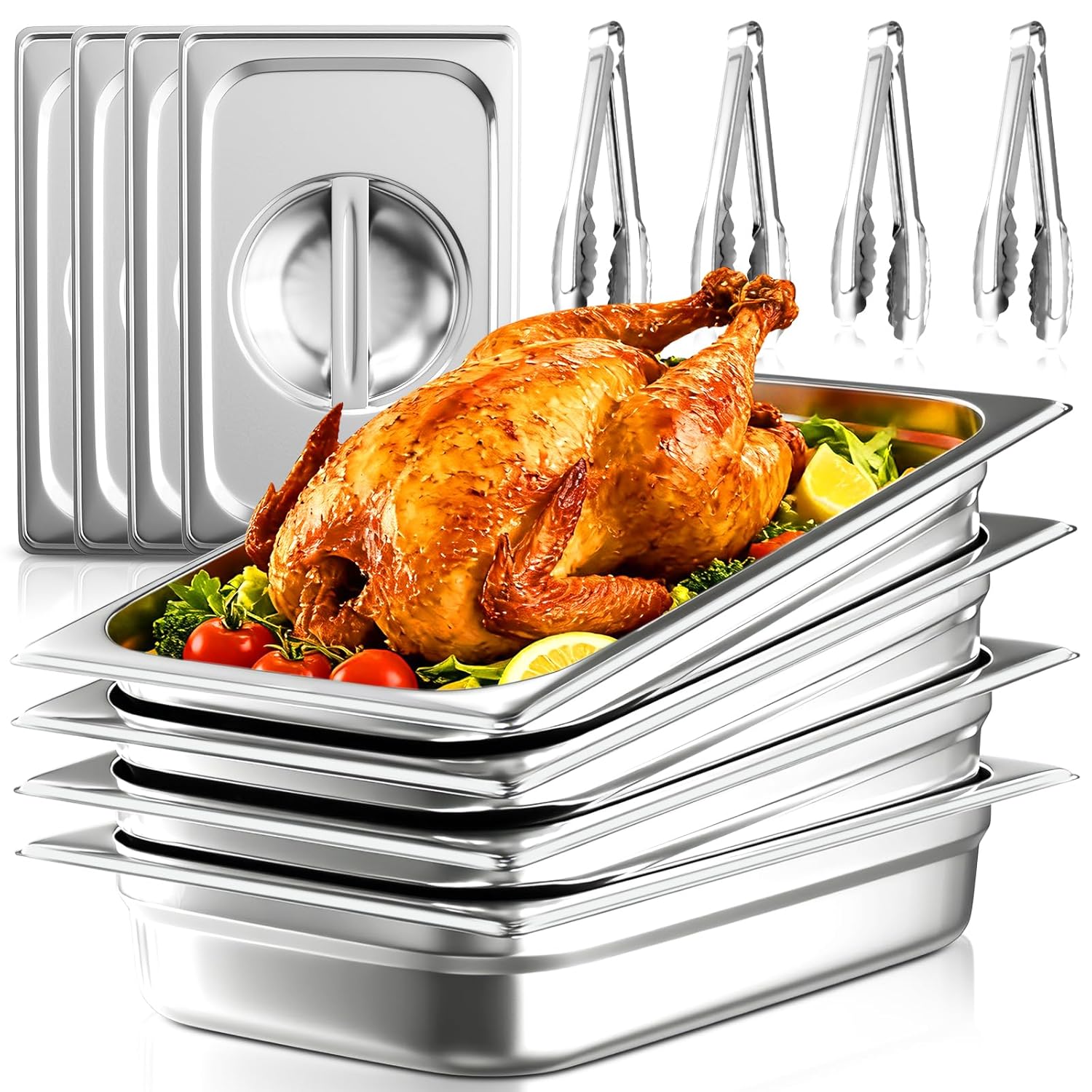 1/1 Full Size Commercial Hotel Pans, 4" Deep (4 Pack), Stainless Steel Steam Table Pans with Lids, Anti-Jam Restaurant Food Pans for Baking, BBQ Marinating & Catering Events, Oven Safe, 4 Kitchen Tongs