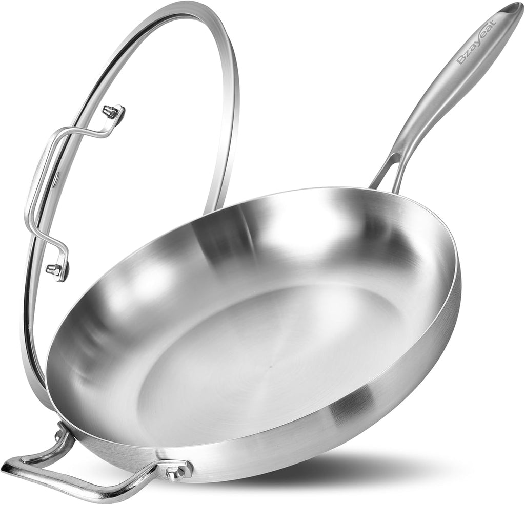 Bzayeat 13-Inch Tri-Ply Stainless Steel Frying Pan with Lid & Detachable Handle - Induction Compatible Skillet, Oven & Dishwasher Safe, Ideal for Frying, Sautéing & Simmering