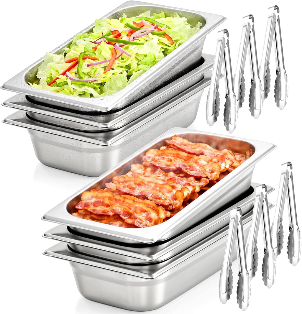 1/3 Size Hotel Pans 2.5" Deep Stainless Steel Steam Table Pans Set of 6 | Includes 6 Serving Tongs | Anti-Jam Food Pans for Buffet Warmer Chafing Dish BBQ Catering Restaurant