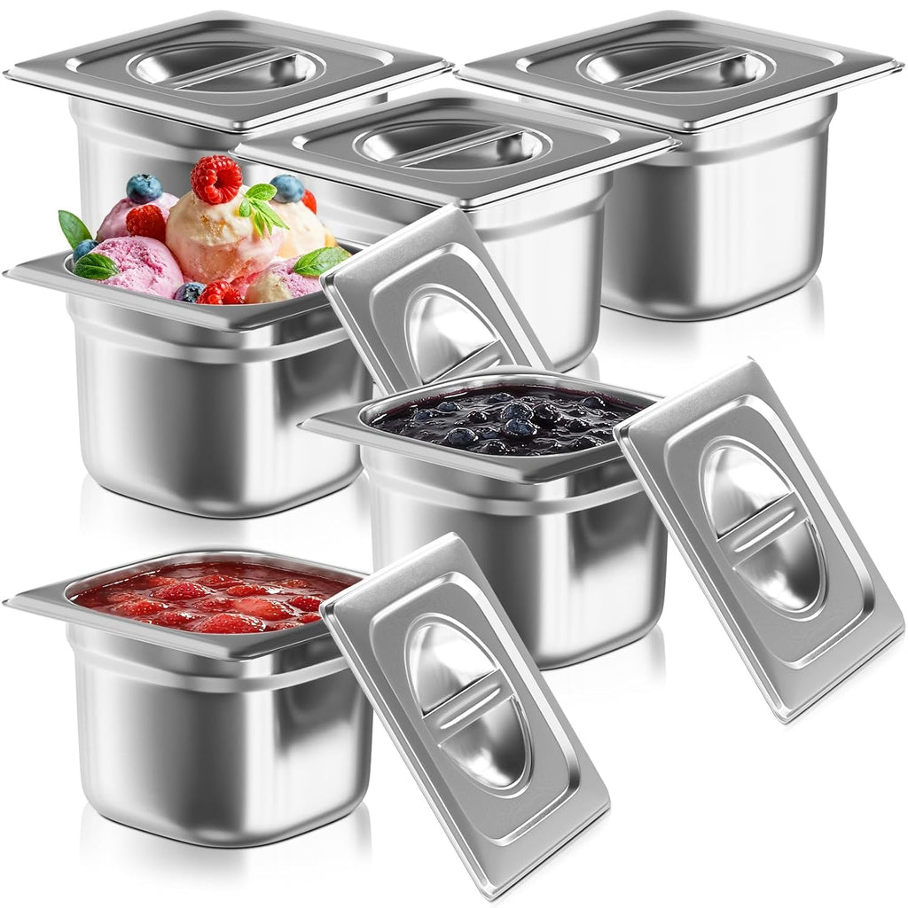 1/6 Size Commercial Hotel Pans 6" Deep (6 Pack), Stainless Steel Steam Table Pans with Lids, Deep Food Storage Containers for Prep Stations, Condiments, Salad Bar Topping, Anti-Jam Lug