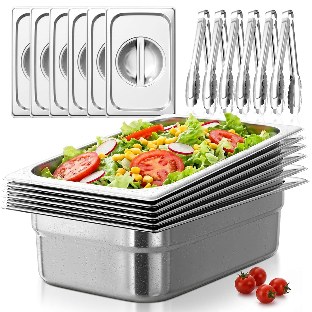 1/3 Size Hotel Pans with Lids | 4" Deep (6 Pack) | 6 Kitchen Tongs | Commercial Stainless Steel Steam Table Pans | Anti-Jam Food Pans for Baking | BBQ Marinating & Catering Events | Oven Safe