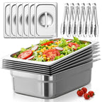 1/3 Size Hotel Pans with Lids | 4" Deep (6 Pack) | 6 Kitchen Tongs | Commercial Stainless Steel Steam Table Pans | Anti-Jam Food Pans for Baking | BBQ Marinating & Catering Events | Oven Safe
