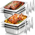 1/2 Size Hotel Pans 4" Deep Stainless Steel Steam Table Pans Set of 6 | Includes 6 Serving Tongs | Anti-Jam Commercial Food Pans for Buffet Warmer Chafing Dish Catering Restaurant