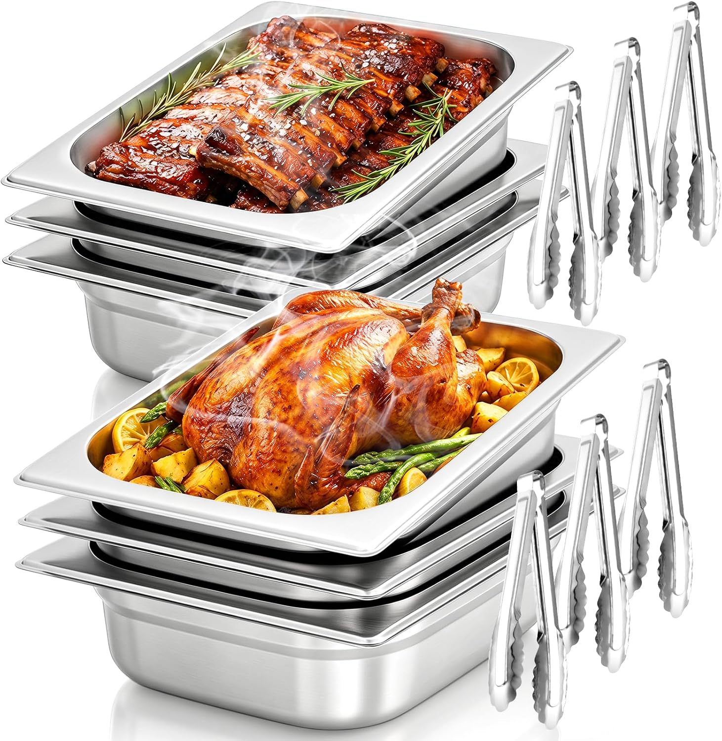 1/2 Size Hotel Pans 4" Deep Stainless Steel Steam Table Pans Set of 6 | Includes 6 Serving Tongs | Anti-Jam Commercial Food Pans for Buffet Warmer Chafing Dish Catering Restaurant