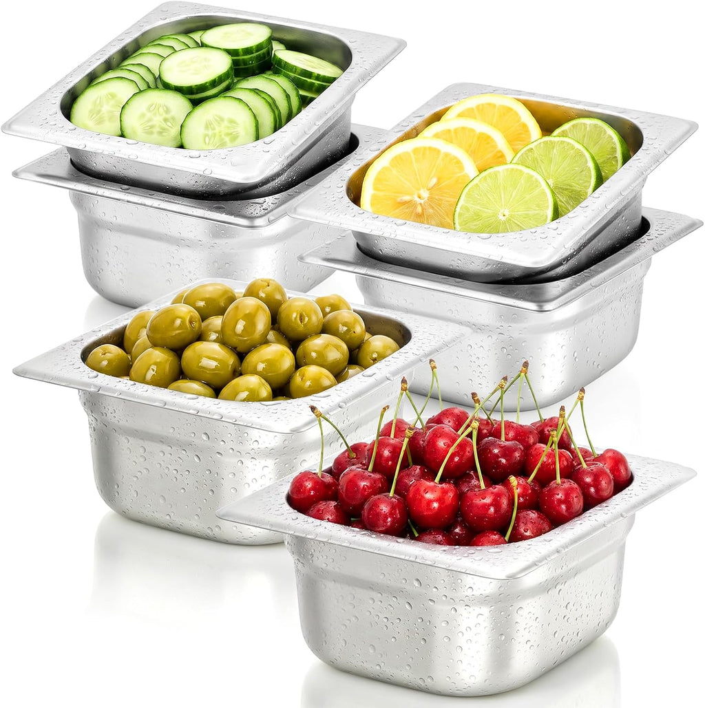 1/6 Size Hotel Pans 4" Deep Stainless Steel Steam Table Pans Set of 6 | Anti-Jam Commercial Food Pans for Buffet Warmer Chafing Dish Bar Condiment Catering Restaurant