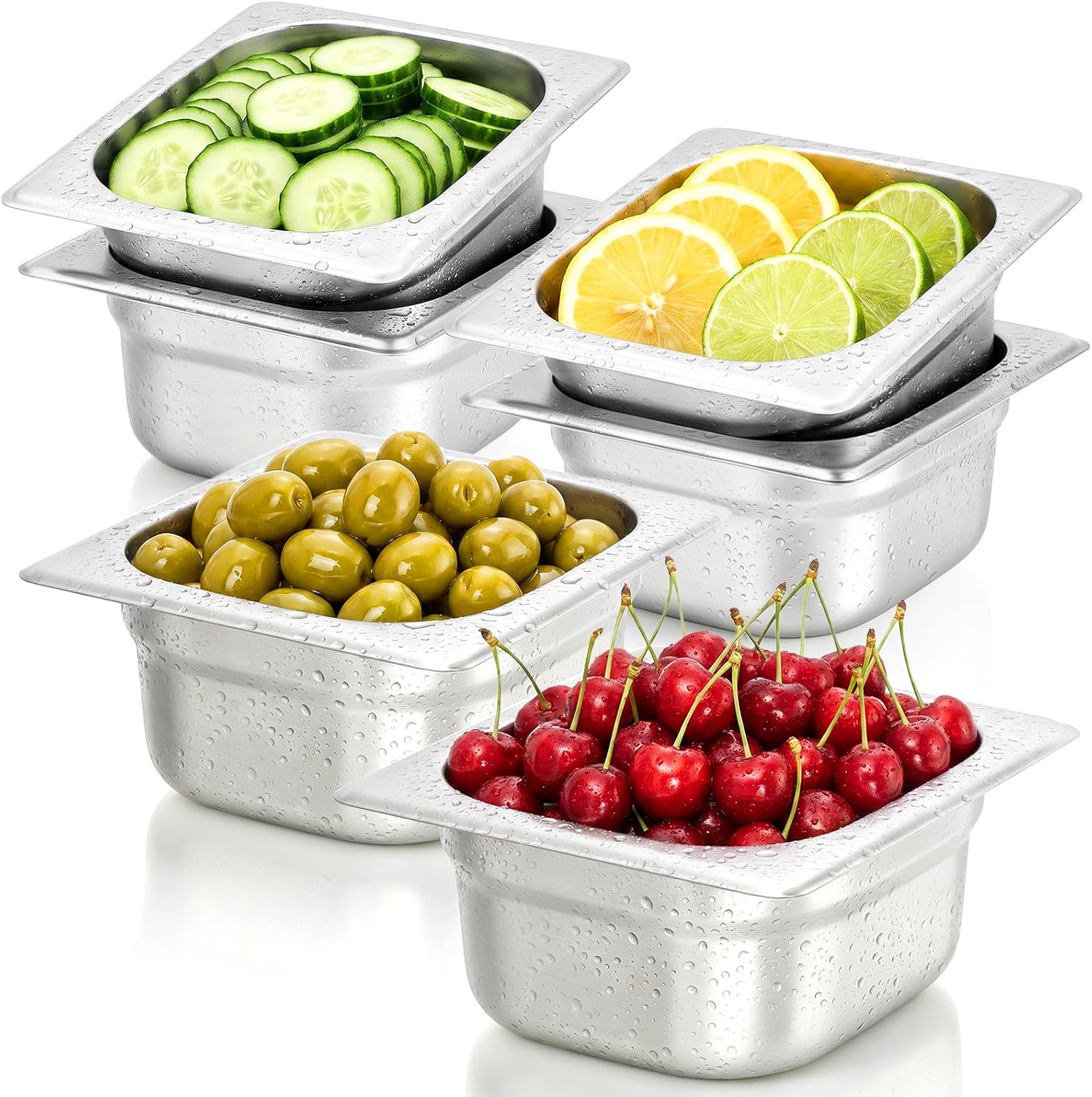1/6 Size Hotel Pans 4" Deep Stainless Steel Steam Table Pans Set of 6 | Anti-Jam Commercial Food Pans for Buffet Warmer Chafing Dish Bar Condiment Catering Restaurant