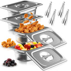 1/4 Size Commercial Hotel Pans 4" Deep (4 Pack), Stainless Steel Restaurant Food Pans with Lids, Versatile Food Prep Containers for Salad Bars & Meal Prep, Anti-Jam & Easy Clean, 4 Kitchen Tongs