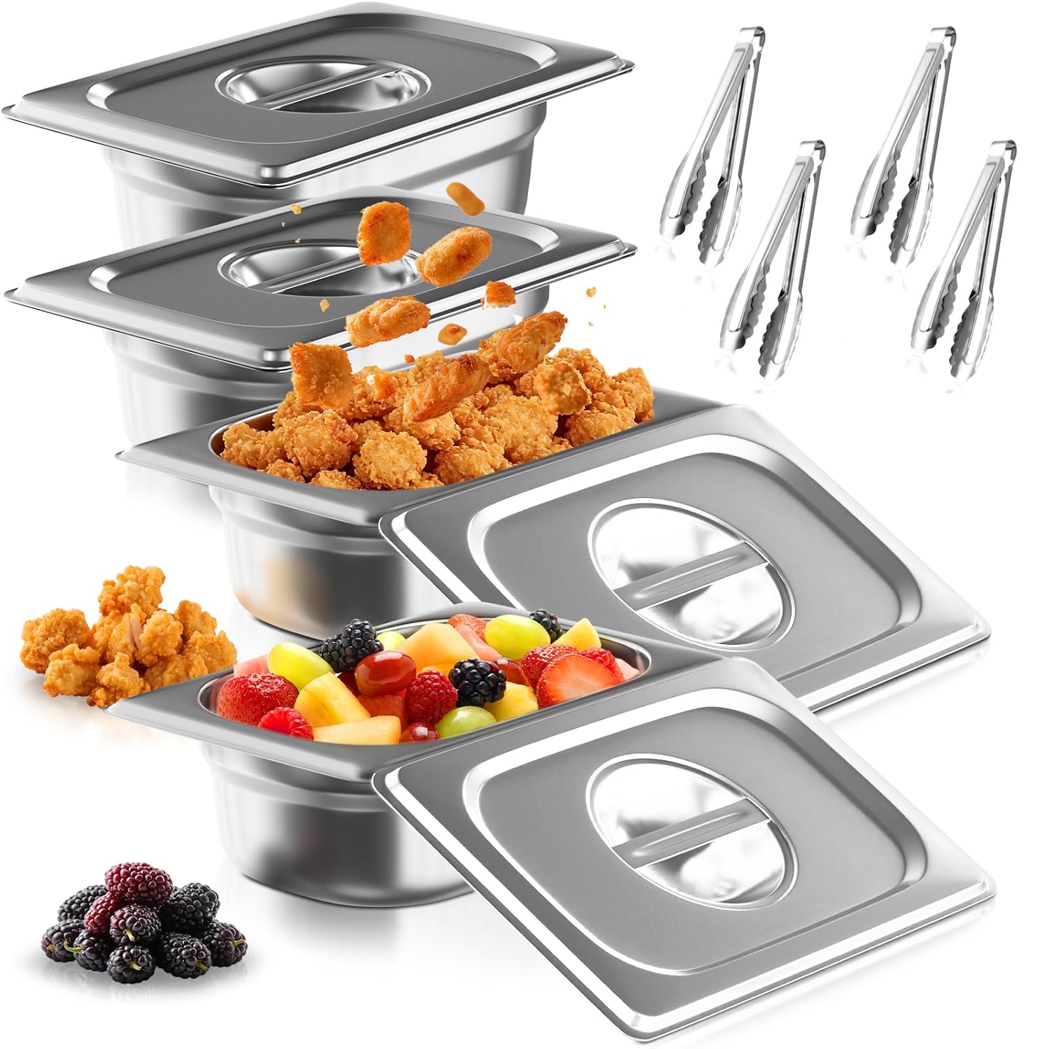 1/4 Size Commercial Hotel Pans 4" Deep (4 Pack), Stainless Steel Restaurant Food Pans with Lids, Versatile Food Prep Containers for Salad Bars & Meal Prep, Anti-Jam & Easy Clean, 4 Kitchen Tongs