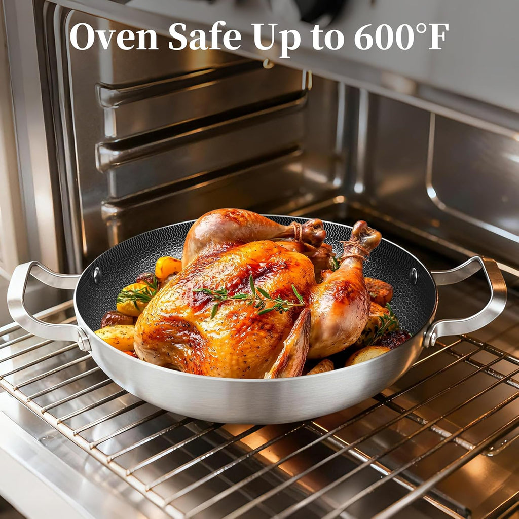 12 Inch Stainless Steel Paella Pan with Lid, Hybrid Ceramic Nonstick Skillet for 2–4 People, Induction Paella Pan for Seafood & Family Meals — Oven-safe Up to 600°F, SGS-certified