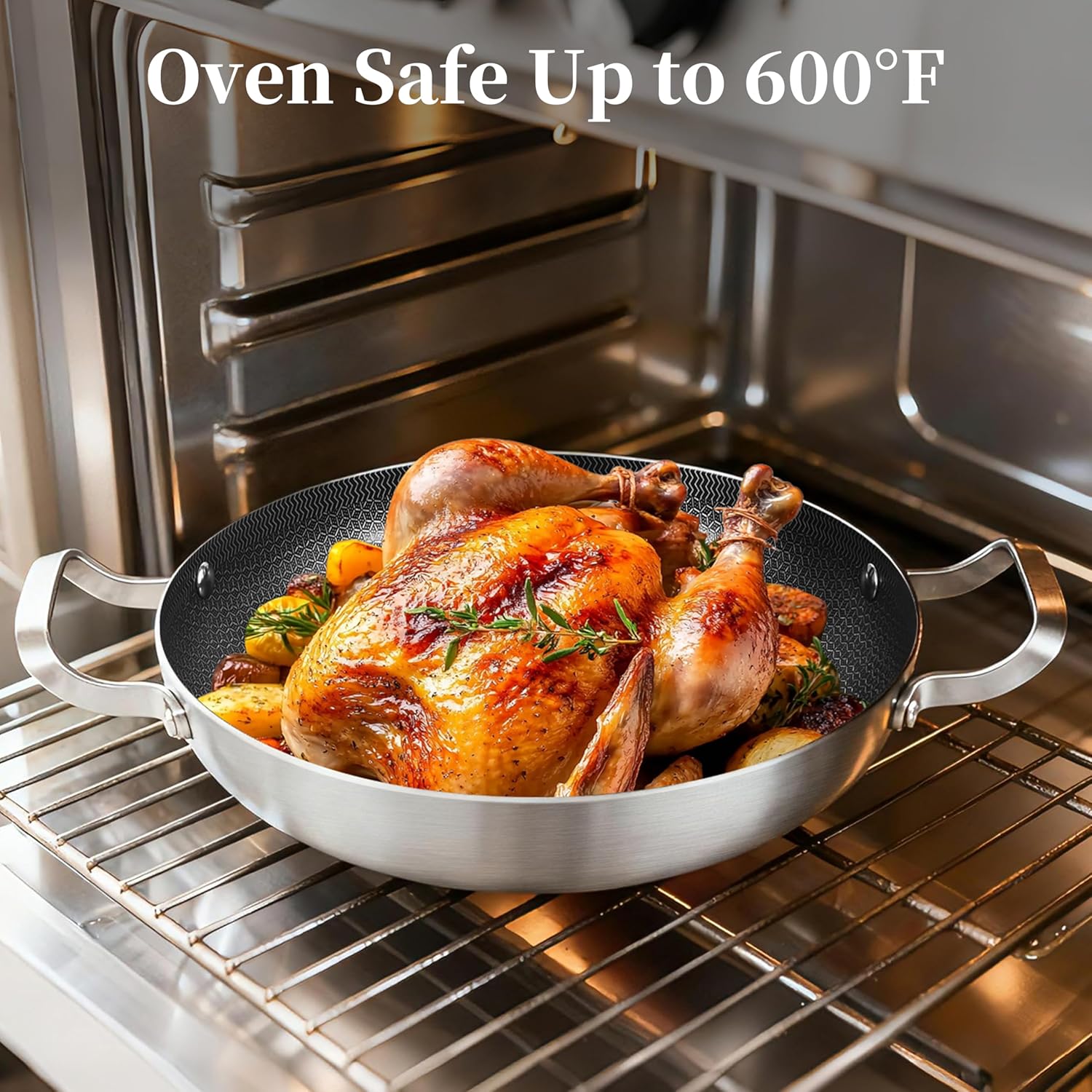 12 Inch Stainless Steel Paella Pan with Lid, Hybrid Ceramic Nonstick Skillet for 2–4 People, Induction Paella Pan for Seafood & Family Meals — Oven-safe Up to 600°F, SGS-certified