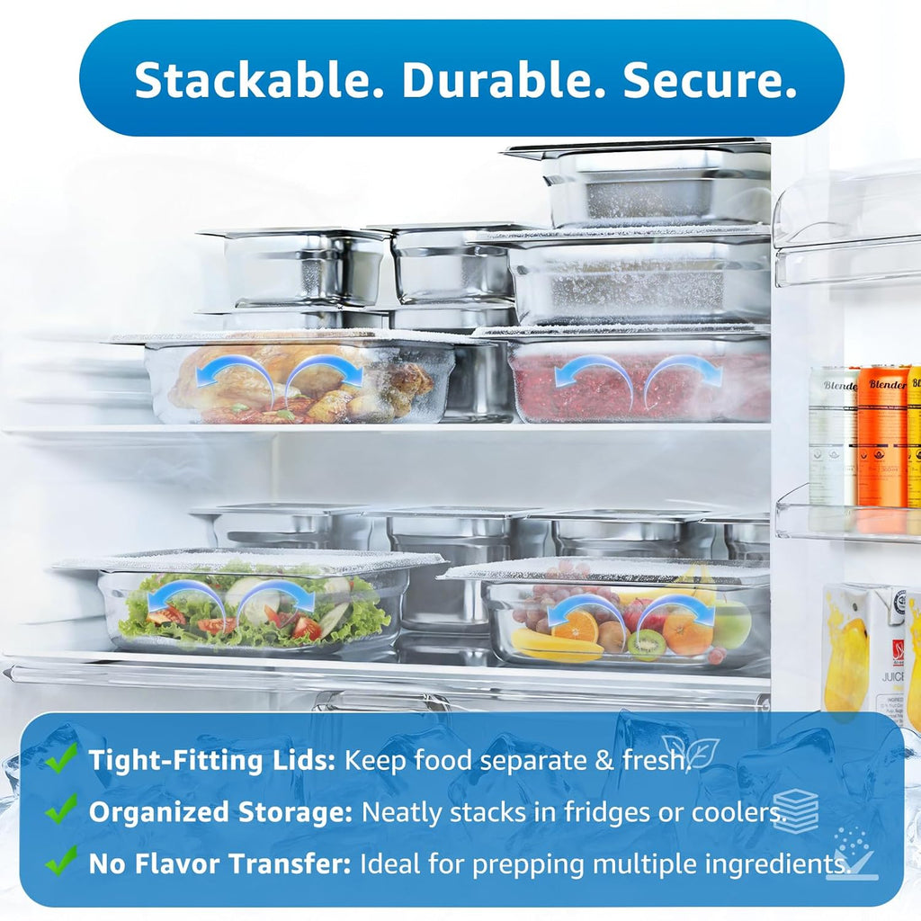 1/4 Size Commercial Hotel Pans 4" Deep (4 Pack), Stainless Steel Restaurant Food Pans with Lids, Versatile Food Prep Containers for Salad Bars & Meal Prep, Anti-Jam & Easy Clean, 4 Kitchen Tongs