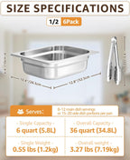 1/2 Size Hotel Pans 4" Deep Stainless Steel Steam Table Pans Set of 6 | Includes 6 Serving Tongs | Anti-Jam Commercial Food Pans for Buffet Warmer Chafing Dish Catering Restaurant