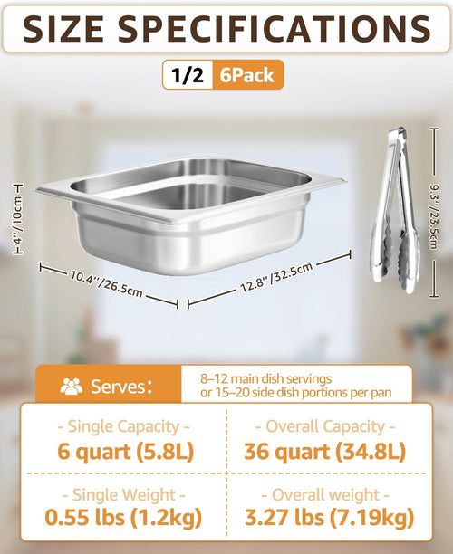 1/2 Size Hotel Pans 4" Deep Stainless Steel Steam Table Pans Set of 6 | Includes 6 Serving Tongs | Anti-Jam Commercial Food Pans for Buffet Warmer Chafing Dish Catering Restaurant