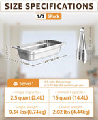 1/3 Size Hotel Pans 2.5" Deep Stainless Steel Steam Table Pans Set of 6 | Includes 6 Serving Tongs | Anti-Jam Food Pans for Buffet Warmer Chafing Dish BBQ Catering Restaurant