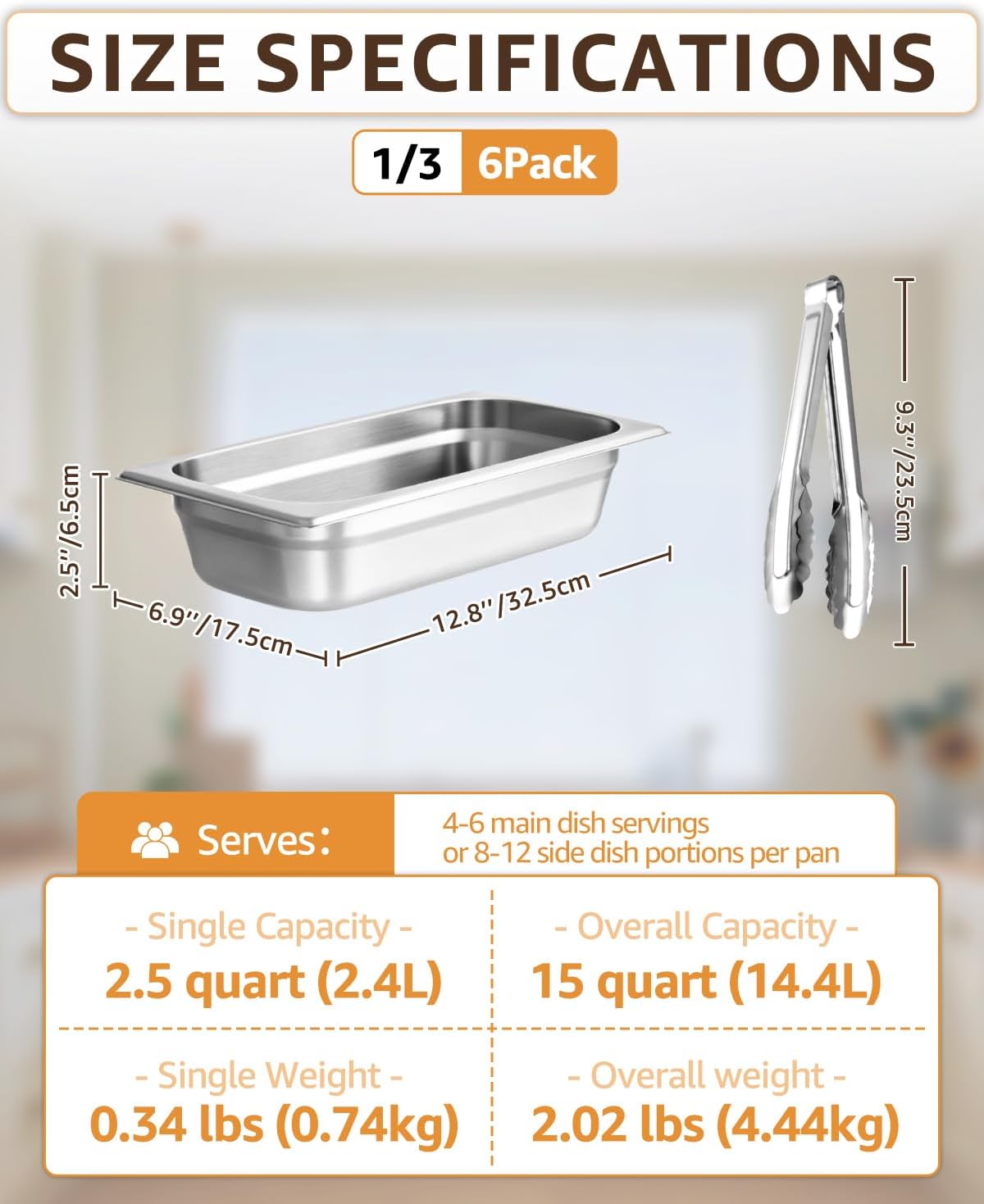 1/3 Size Hotel Pans 2.5" Deep Stainless Steel Steam Table Pans Set of 6 | Includes 6 Serving Tongs | Anti-Jam Food Pans for Buffet Warmer Chafing Dish BBQ Catering Restaurant