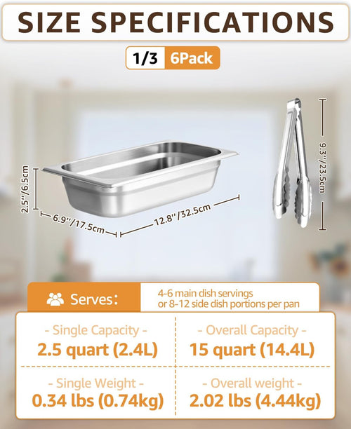1/3 Size Hotel Pans 2.5" Deep Stainless Steel Steam Table Pans Set of 6 | Includes 6 Serving Tongs | Anti-Jam Food Pans for Buffet Warmer Chafing Dish BBQ Catering Restaurant
