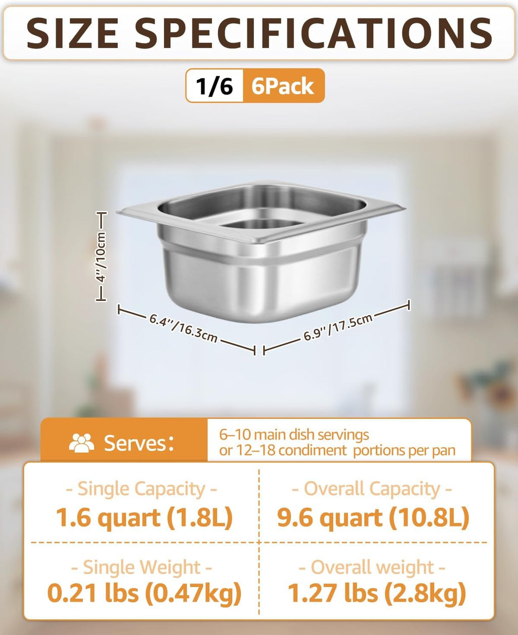 1/6 Size Hotel Pans 4" Deep Stainless Steel Steam Table Pans Set of 6 | Anti-Jam Commercial Food Pans for Buffet Warmer Chafing Dish Bar Condiment Catering Restaurant