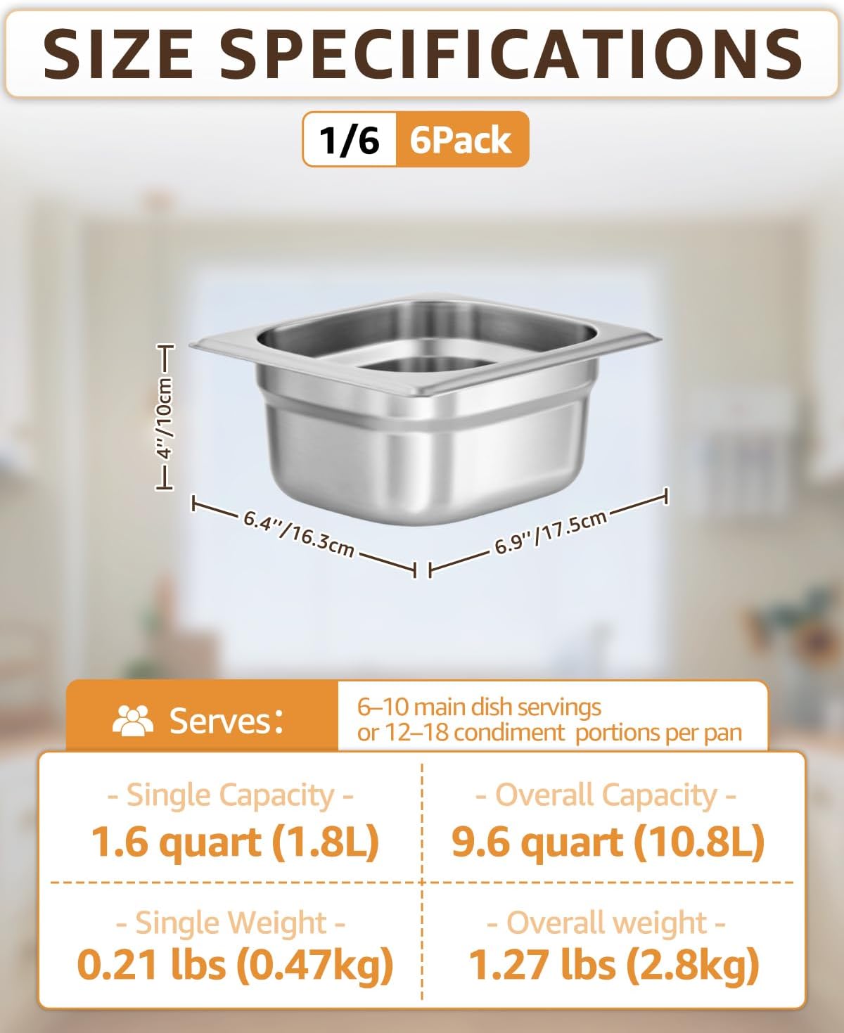 1/6 Size Hotel Pans 4" Deep Stainless Steel Steam Table Pans Set of 6 | Anti-Jam Commercial Food Pans for Buffet Warmer Chafing Dish Bar Condiment Catering Restaurant