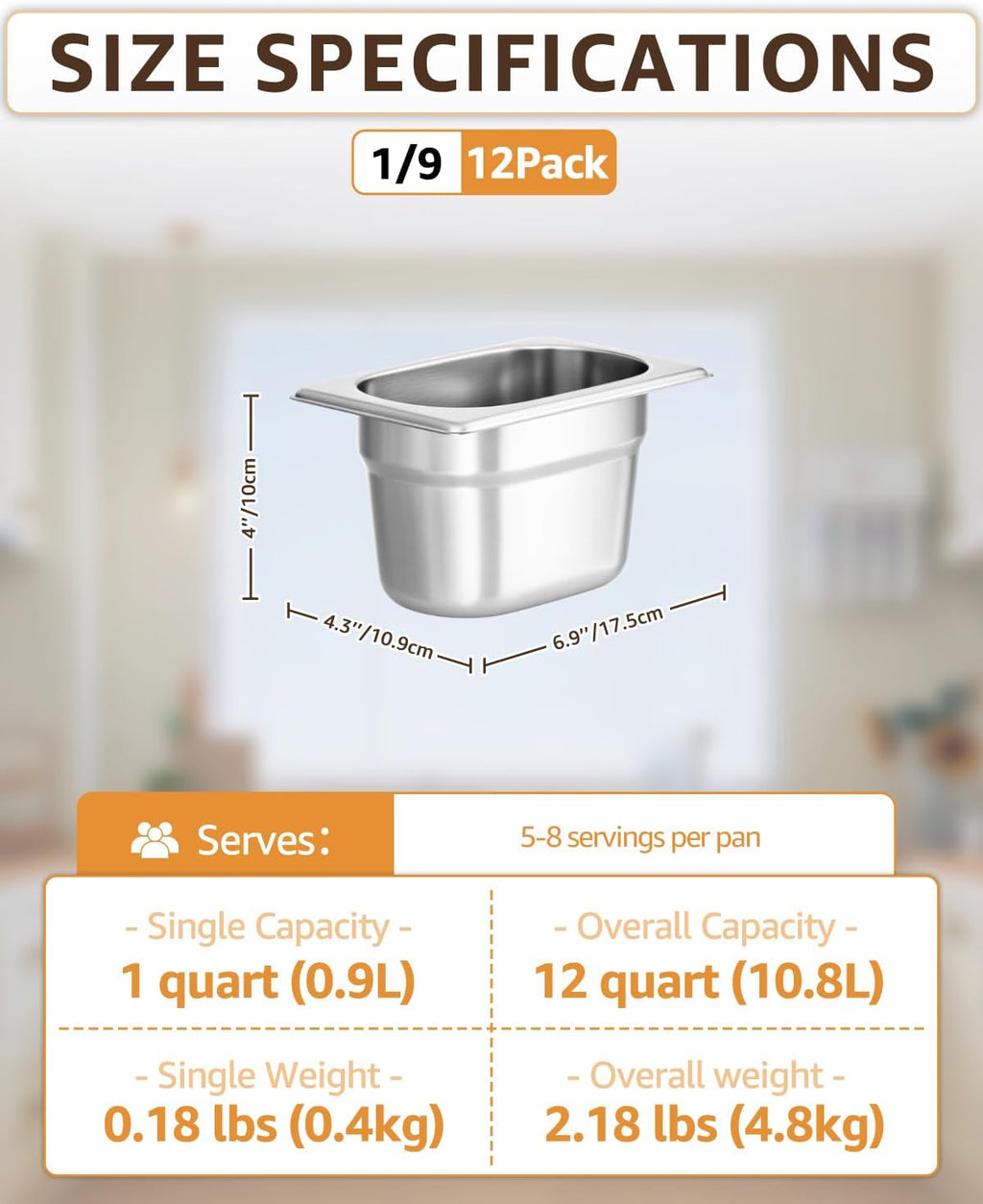 1/9 Size Hotel Pans 4" Deep Stainless Steel Steam Table Pans Set of 12 | Anti-Jam Commercial Food Pans for Bar Condiment Station Buffet Warmer Chafing Dish Catering Restaurant