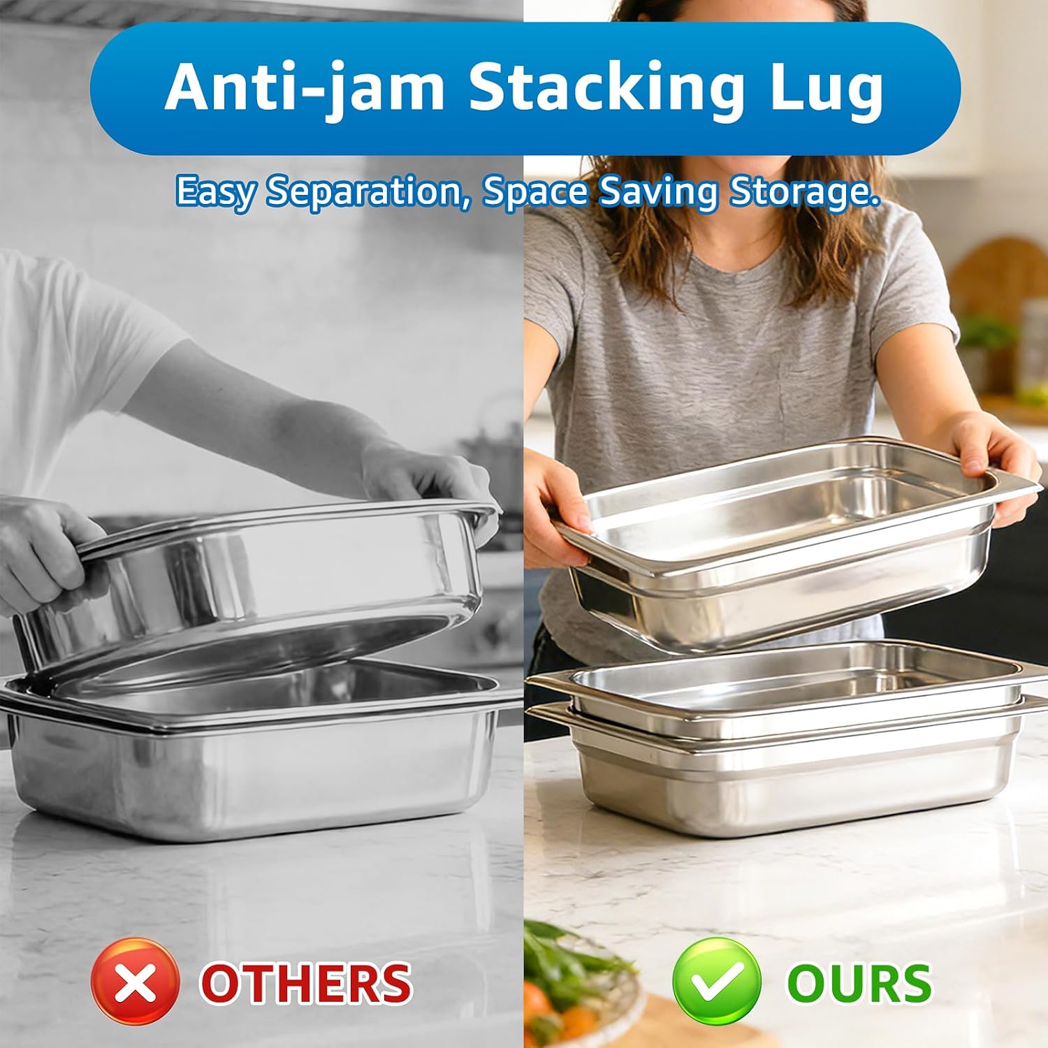 1/3 Size Hotel Pans with Lids | 4" Deep (6 Pack) | 6 Kitchen Tongs | Commercial Stainless Steel Steam Table Pans | Anti-Jam Food Pans for Baking | BBQ Marinating & Catering Events | Oven Safe