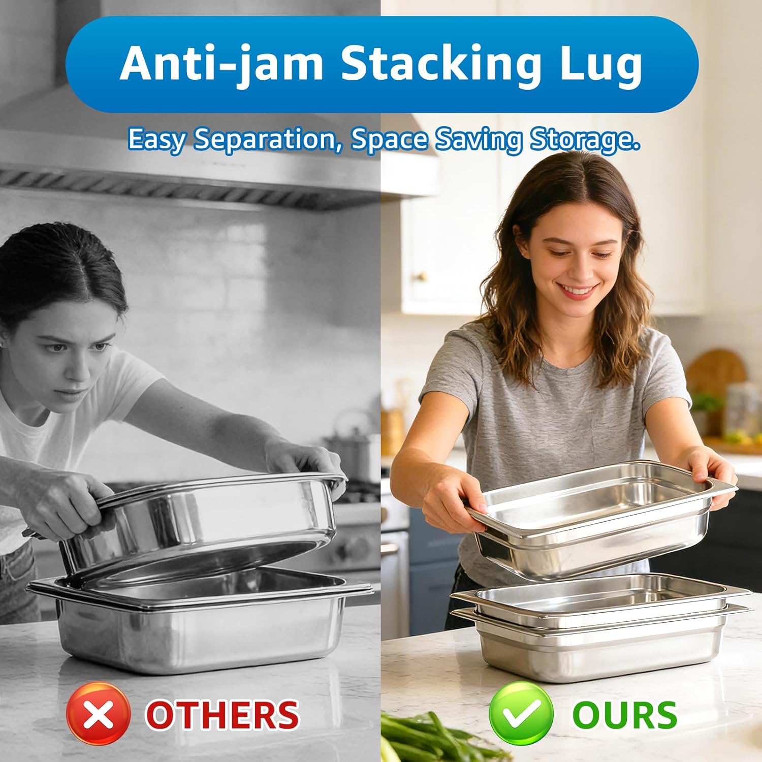 1/6 Size Commercial Hotel Pans, 4" Deep (6 Pack), Stainless Steel Steam Table Pans with Lids, Deep Food Storage Containers for Prep Station, Condiments, Salad Bar Toppings, Anti-Jam Lugs