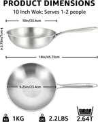 Bzayeat Stainless Steel Wok Pan, 10 Inch Flat Bottom Tri-Ply Uncoated Wok for Stir Fry, Heavy-Gauge Chef Cookware for Induction & Electric Stoves, PFOA/PFOS Free, Detachable Handle