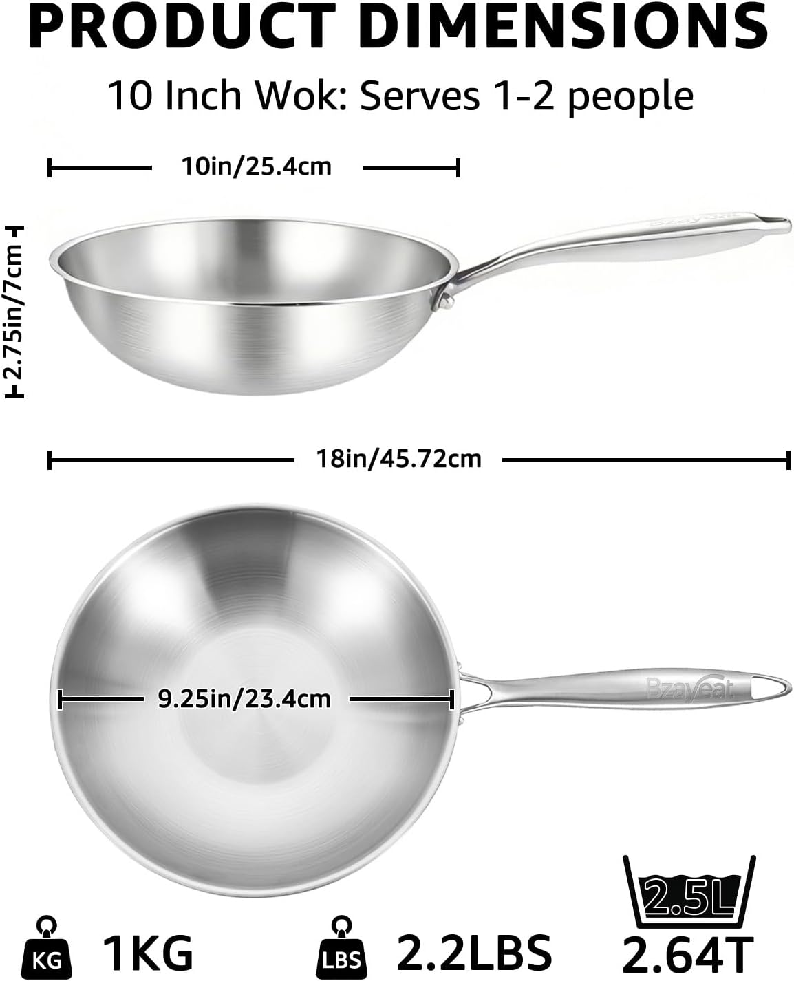 Bzayeat Stainless Steel Wok Pan, 10 Inch Flat Bottom Tri-Ply Uncoated Wok for Stir Fry, Heavy-Gauge Chef Cookware for Induction & Electric Stoves, PFOA/PFOS Free, Detachable Handle