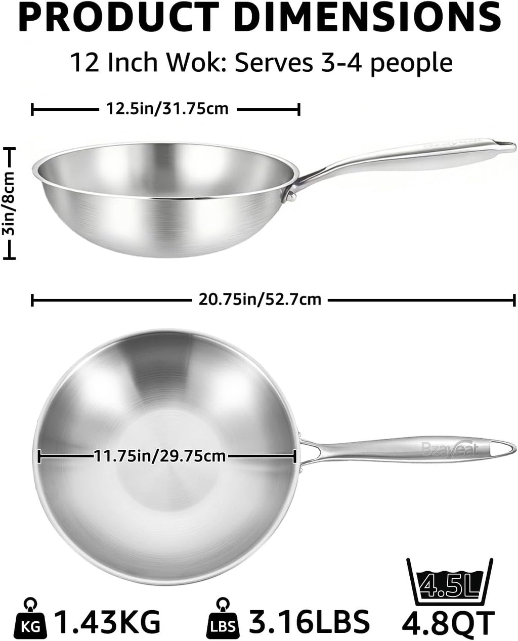 Bzayeat Stainless Steel Wok Pan, 12 Inch Flat Bottom Tri-Ply Uncoated Wok for Stir Fry, Heavy-Gauge Chef Cookware for Induction & Electric Stoves, PFOA/PFOS Free, Detachable Handle