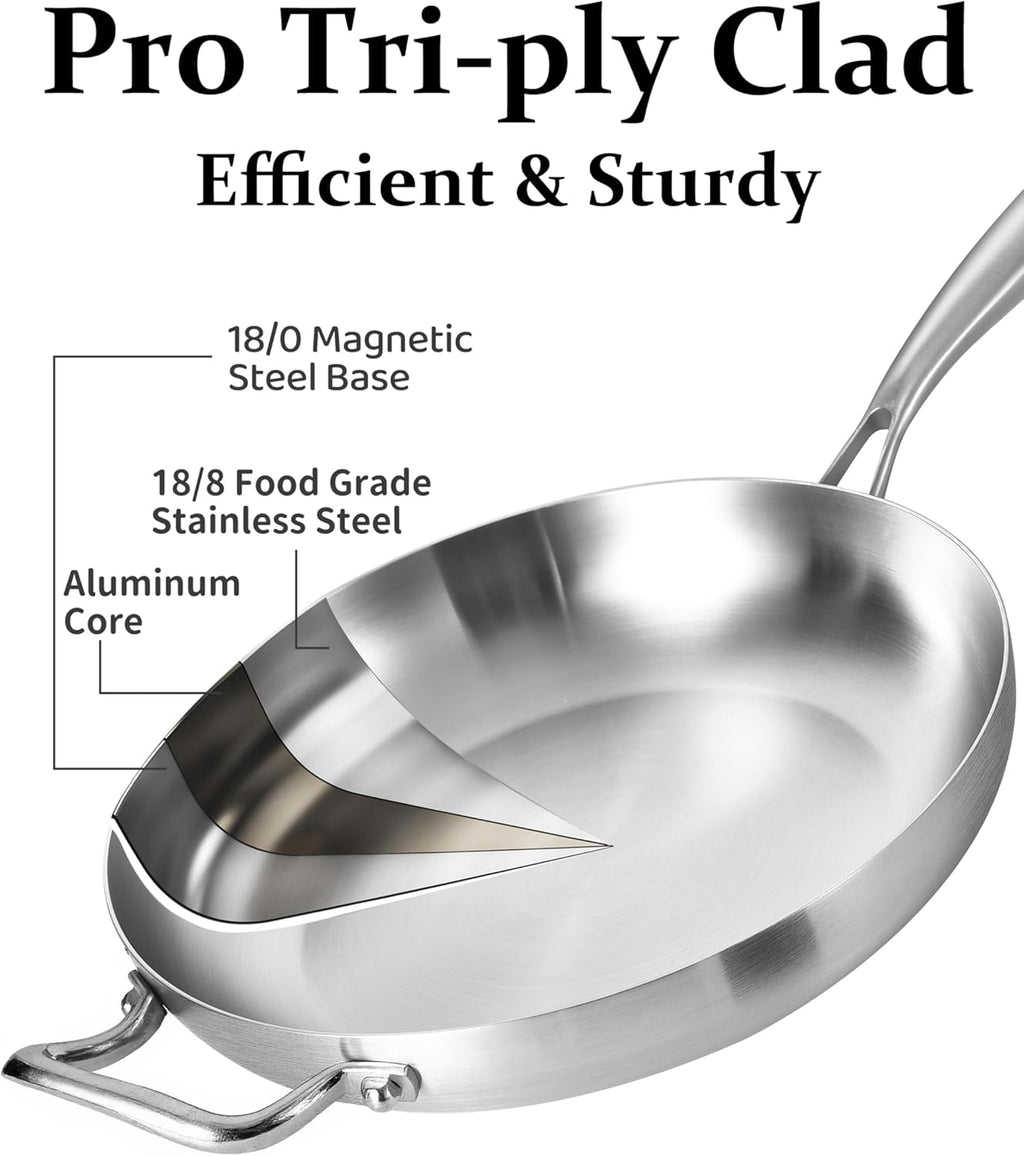 Bzayeat 13-Inch Tri-Ply Stainless Steel Frying Pan with Lid & Detachable Handle - Induction Compatible Skillet, Oven & Dishwasher Safe, Ideal for Frying, Sautéing & Simmering