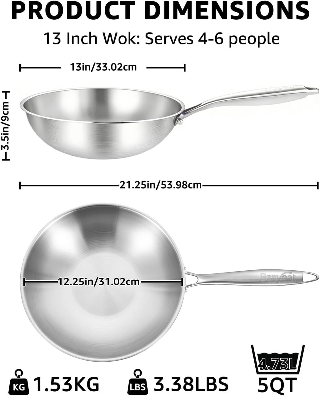 Bzayeat Stainless Steel Wok Pan, 13 Inch Flat Bottom Tri-Ply Uncoated Wok for Stir Fry, Heavy-Gauge Chef Cookware for Induction & Electric Stoves, PFOA/PFOS Free, Detachable Handle