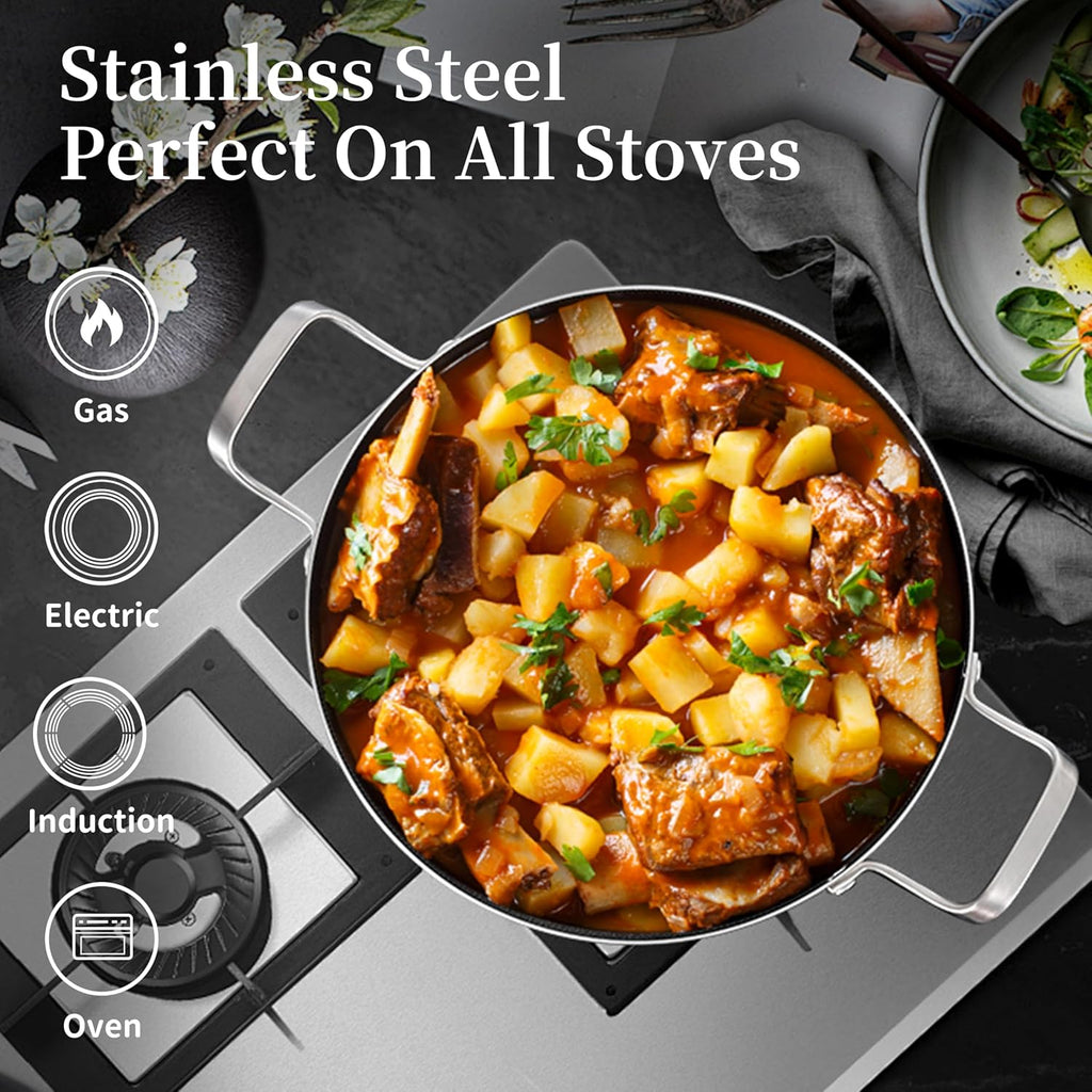 12 Inch Stainless Steel Paella Pan with Lid, Hybrid Ceramic Nonstick Skillet for 2–4 People, Induction Paella Pan for Seafood & Family Meals — Oven-safe Up to 600°F, SGS-certified