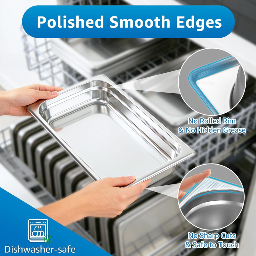 1/4 Size Commercial Hotel Pans 4" Deep (4 Pack), Stainless Steel Restaurant Food Pans with Lids, Versatile Food Prep Containers for Salad Bars & Meal Prep, Anti-Jam & Easy Clean, 4 Kitchen Tongs