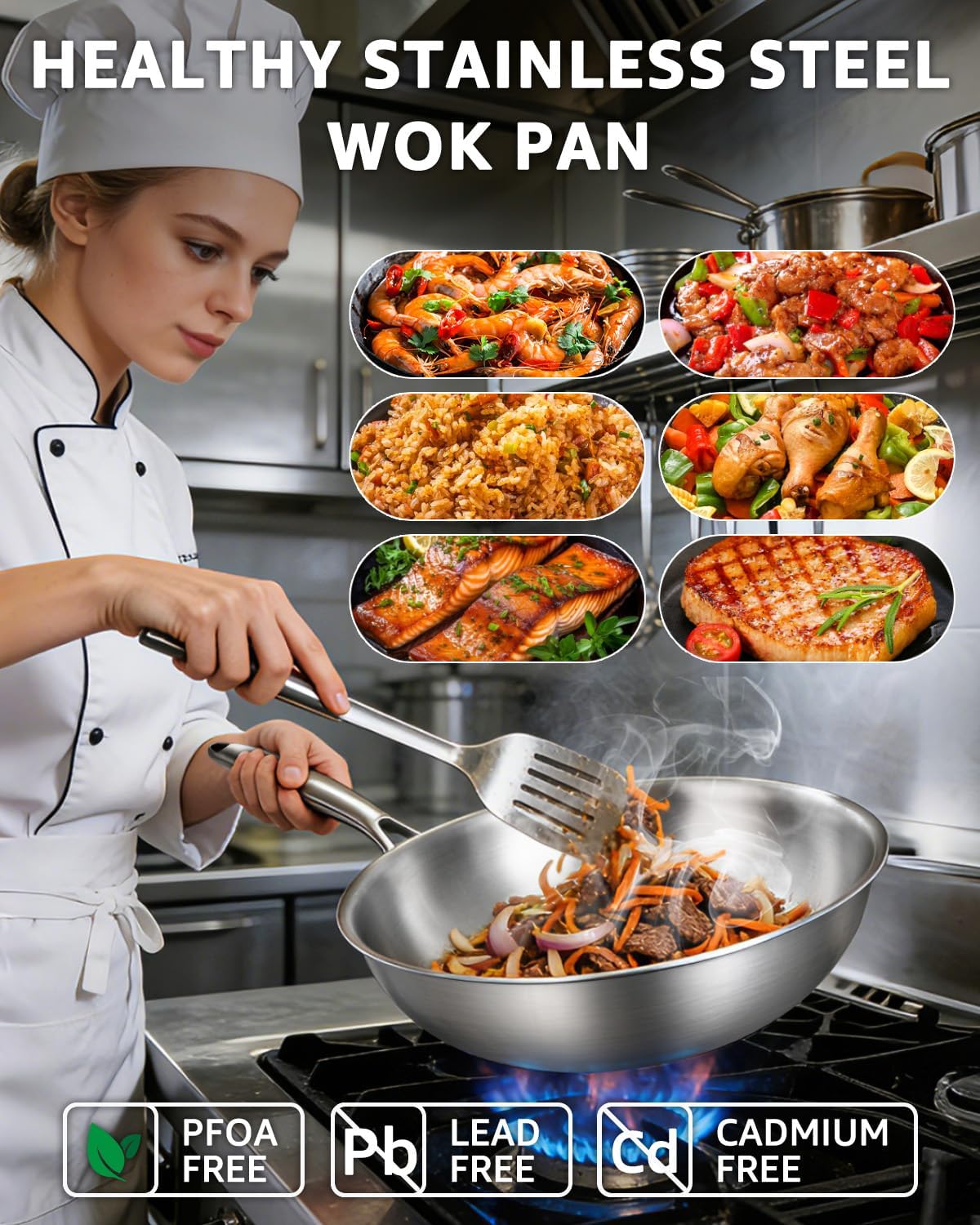 Bzayeat Stainless Steel Wok Pan, 12 Inch Flat Bottom Tri-Ply Uncoated Wok for Stir Fry, Heavy-Gauge Chef Cookware for Induction & Electric Stoves, PFOA/PFOS Free, Detachable Handle