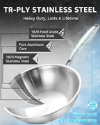 Bzayeat Stainless Steel Wok Pan, 10 Inch Flat Bottom Tri-Ply Uncoated Wok for Stir Fry, Heavy-Gauge Chef Cookware for Induction & Electric Stoves, PFOA/PFOS Free, Detachable Handle