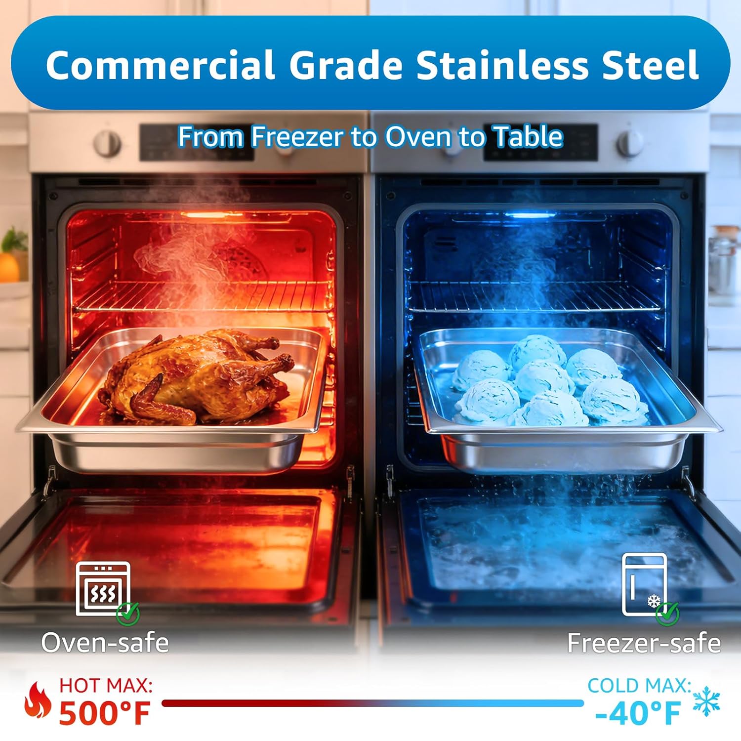 1/4 Size Commercial Hotel Pans 4" Deep (4 Pack), Stainless Steel Restaurant Food Pans with Lids, Versatile Food Prep Containers for Salad Bars & Meal Prep, Anti-Jam & Easy Clean, 4 Kitchen Tongs