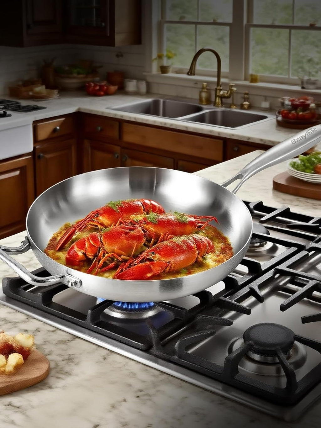 Bzayeat 13-Inch Tri-Ply Stainless Steel Frying Pan with Lid & Detachable Handle - Induction Compatible Skillet, Oven & Dishwasher Safe, Ideal for Frying, Sautéing & Simmering