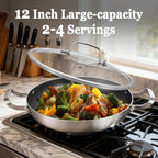 12 Inch Stainless Steel Paella Pan with Lid, Hybrid Ceramic Nonstick Skillet for 2–4 People, Induction Paella Pan for Seafood & Family Meals — Oven-safe Up to 600°F, SGS-certified