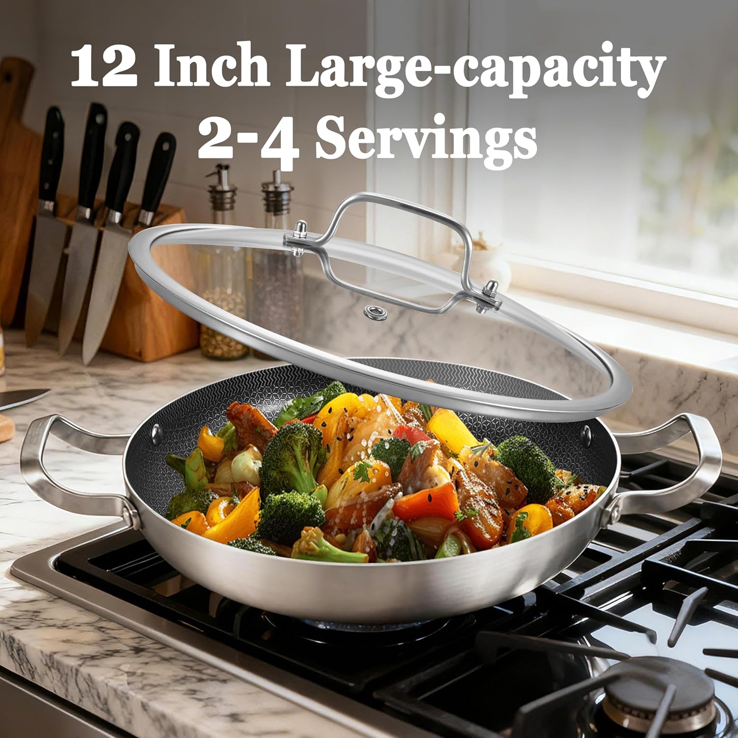 12 Inch Stainless Steel Paella Pan with Lid, Hybrid Ceramic Nonstick Skillet for 2–4 People, Induction Paella Pan for Seafood & Family Meals — Oven-safe Up to 600°F, SGS-certified