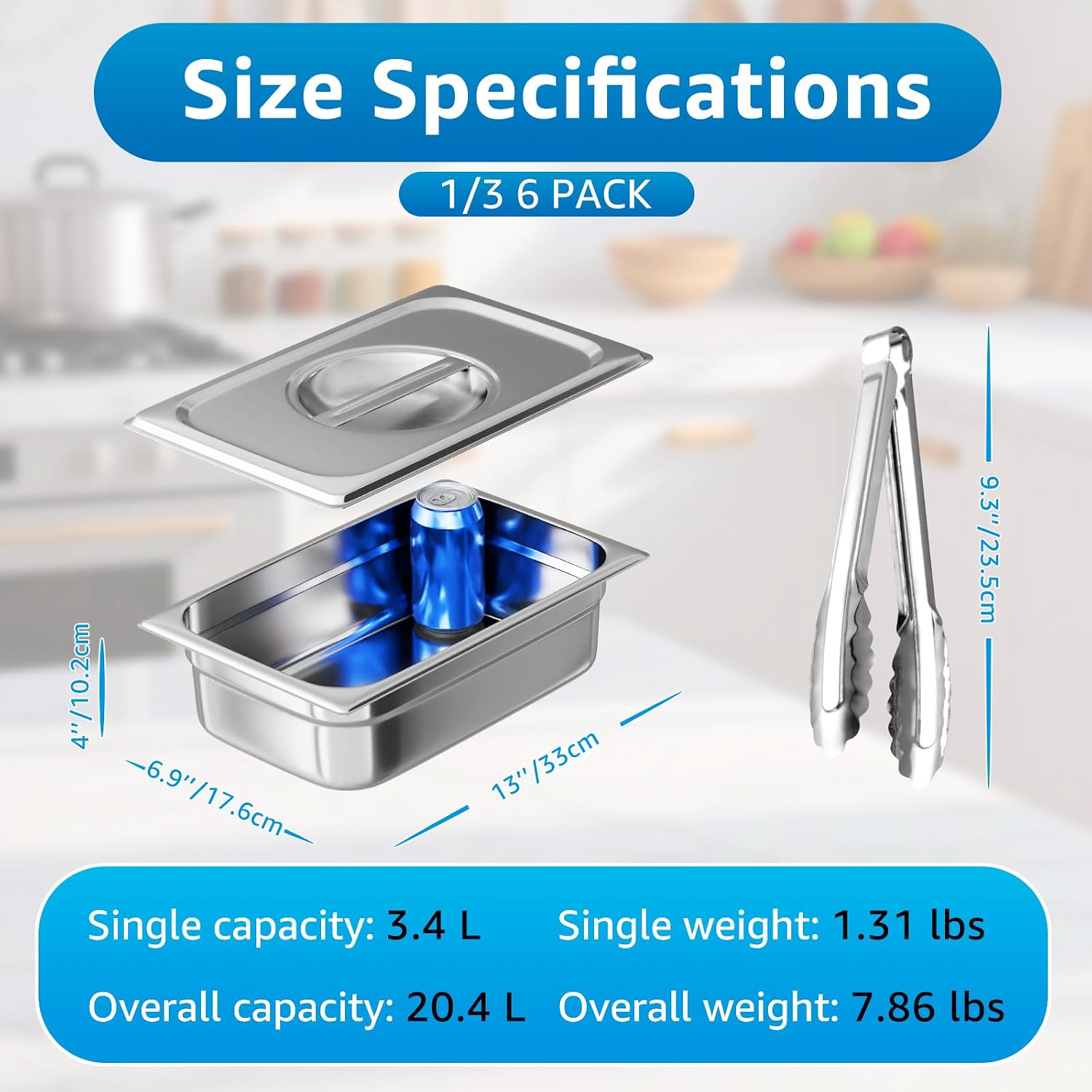 1/3 Size Hotel Pans with Lids | 4" Deep (6 Pack) | 6 Kitchen Tongs | Commercial Stainless Steel Steam Table Pans | Anti-Jam Food Pans for Baking | BBQ Marinating & Catering Events | Oven Safe