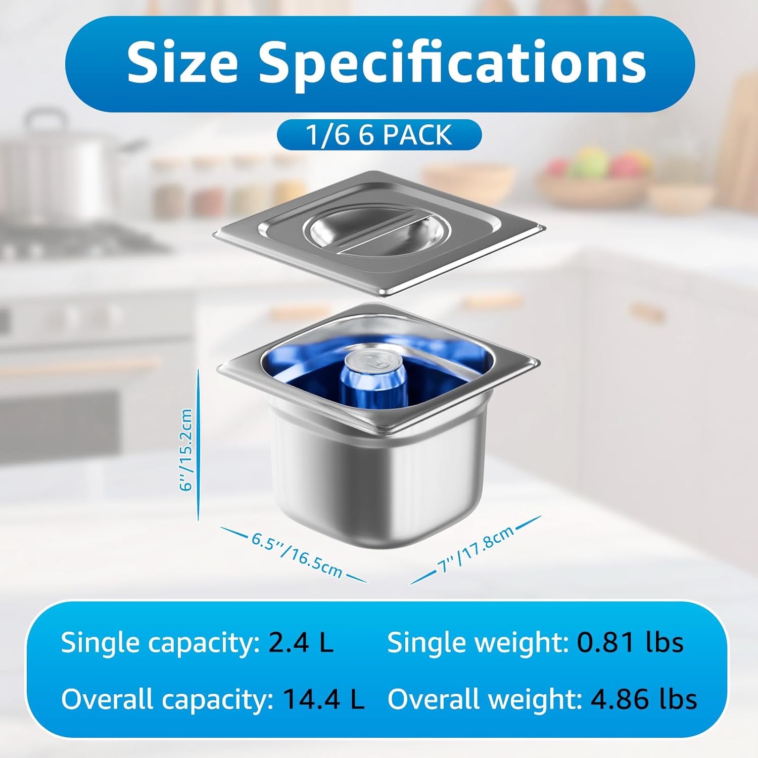 1/6 Size Commercial Hotel Pans 6" Deep (6 Pack), Stainless Steel Steam Table Pans with Lids, Deep Food Storage Containers for Prep Stations, Condiments, Salad Bar Topping, Anti-Jam Lug