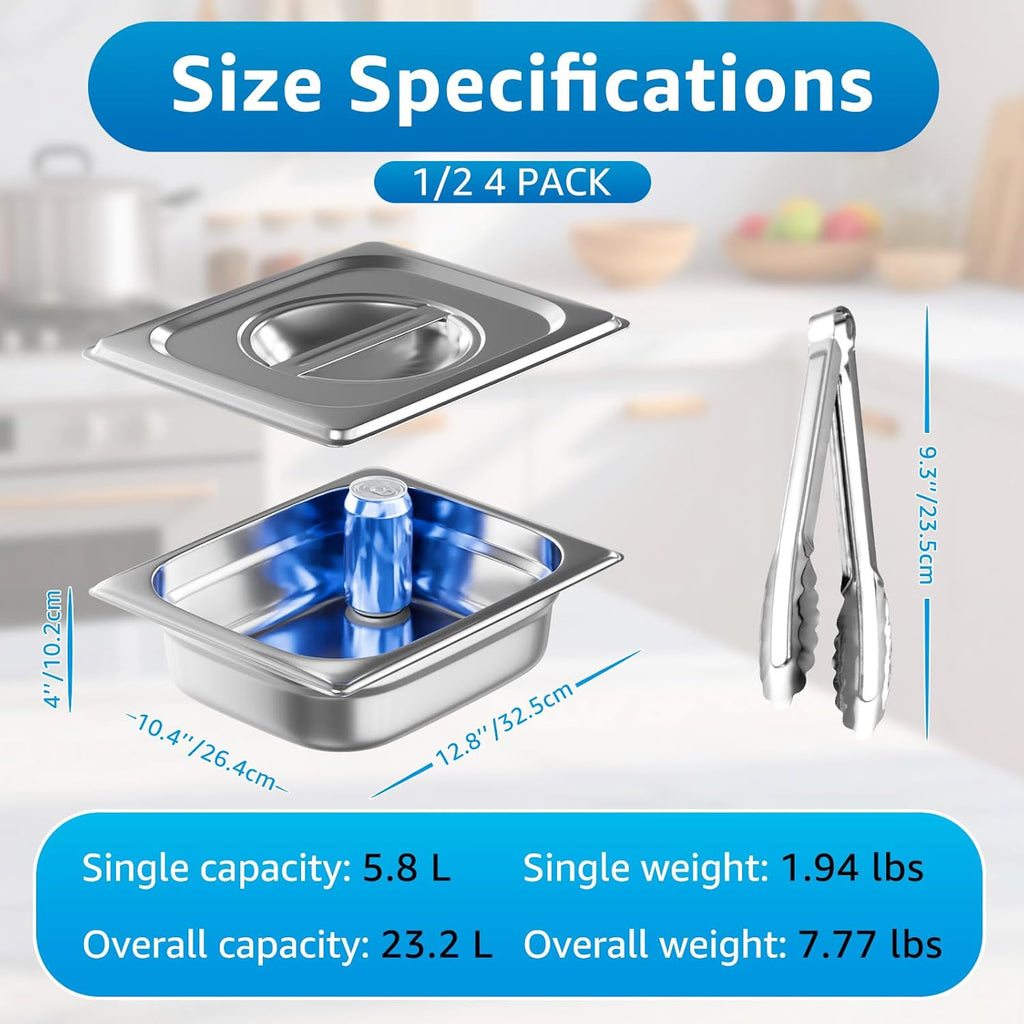 1/2 Half Size Commercial Hotel Pans 4" Deep (4 Pack), Stainless Steel Steam Table Pans with Lids, Anti-Jam Restaurant Food Pans for Baking, BBQ Marinating & Catering Events, Oven Safe, 4 Kitchen Tongs