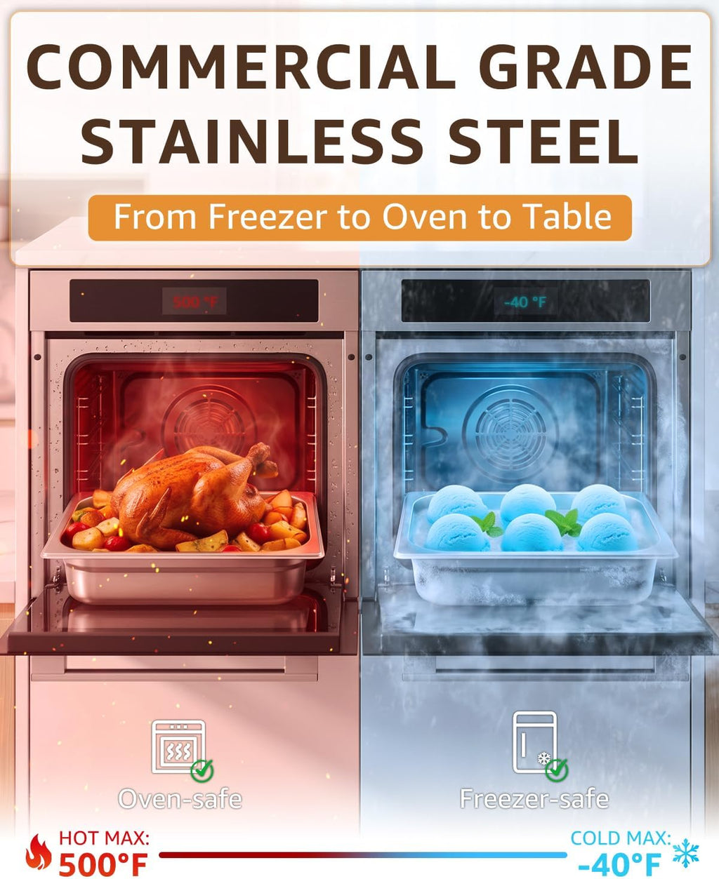 1/2 Size Hotel Pans 4" Deep Stainless Steel Steam Table Pans Set of 6 | Includes 6 Serving Tongs | Anti-Jam Commercial Food Pans for Buffet Warmer Chafing Dish Catering Restaurant