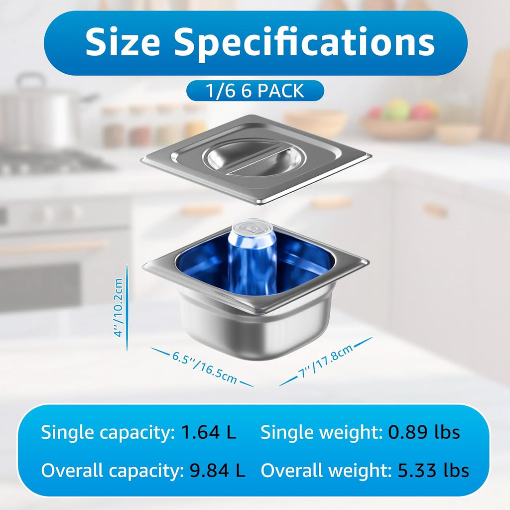 1/6 Size Commercial Hotel Pans, 4" Deep (6 Pack), Stainless Steel Steam Table Pans with Lids, Deep Food Storage Containers for Prep Station, Condiments, Salad Bar Toppings, Anti-Jam Lugs