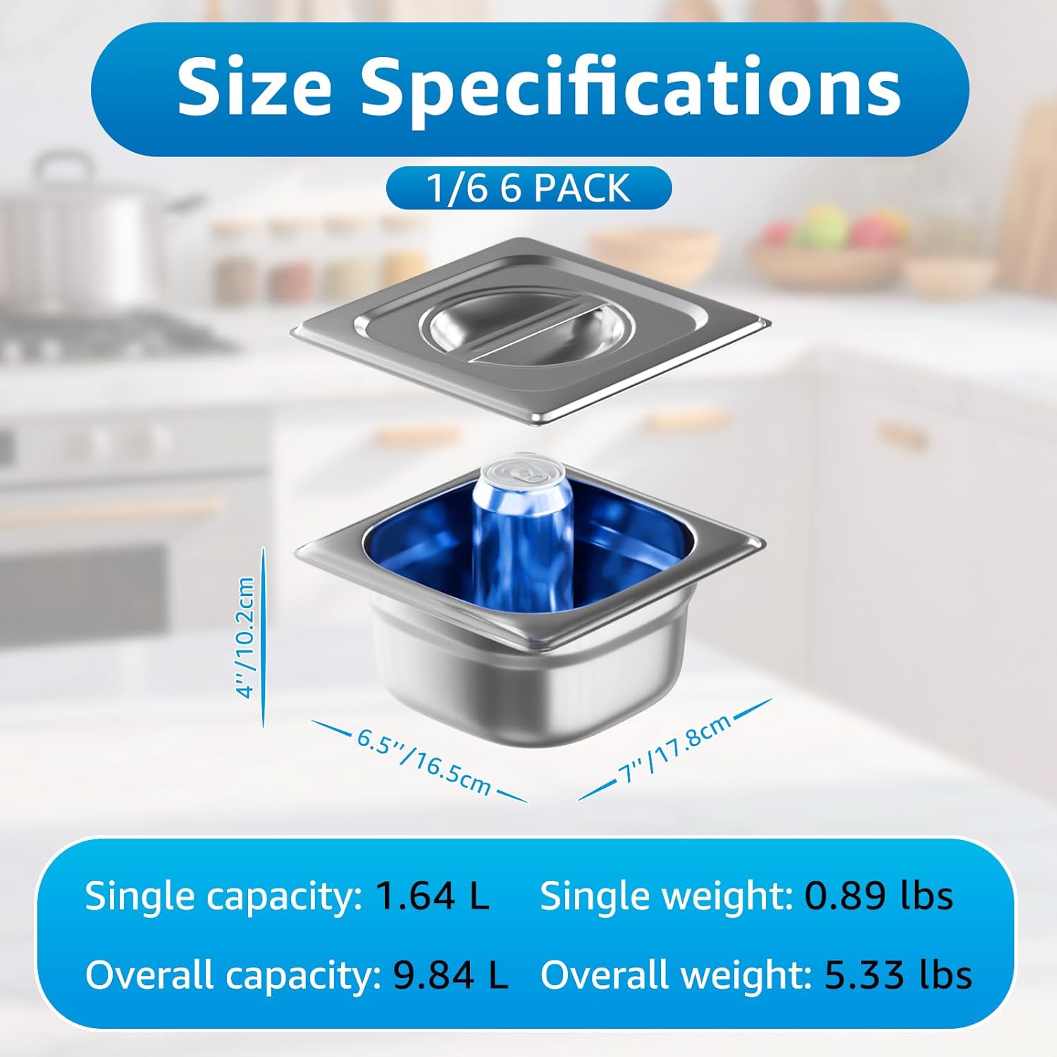 1/6 Size Commercial Hotel Pans, 4" Deep (6 Pack), Stainless Steel Steam Table Pans with Lids, Deep Food Storage Containers for Prep Station, Condiments, Salad Bar Toppings, Anti-Jam Lugs