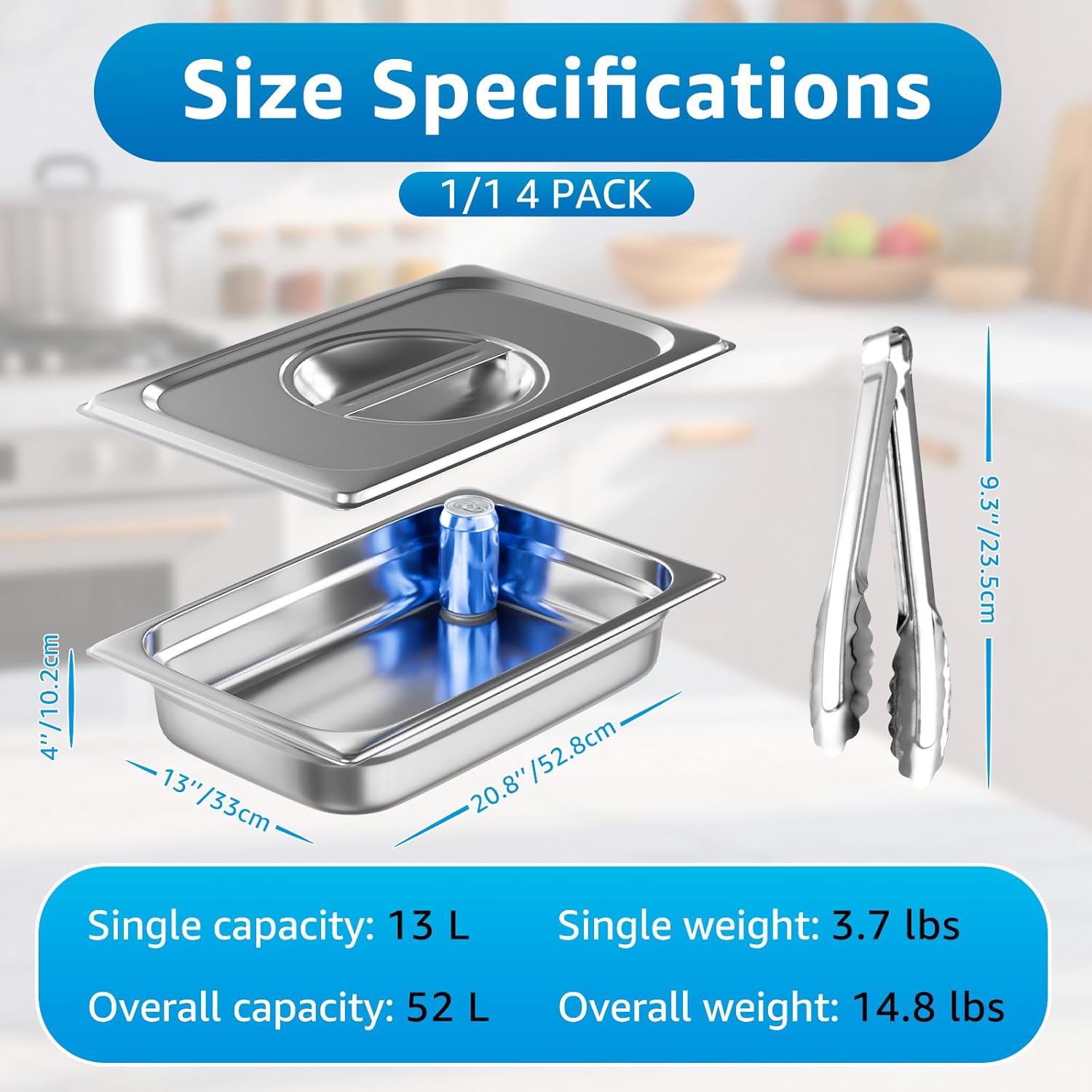 1/1 Full Size Commercial Hotel Pans, 4" Deep (4 Pack), Stainless Steel Steam Table Pans with Lids, Anti-Jam Restaurant Food Pans for Baking, BBQ Marinating & Catering Events, Oven Safe, 4 Kitchen Tongs