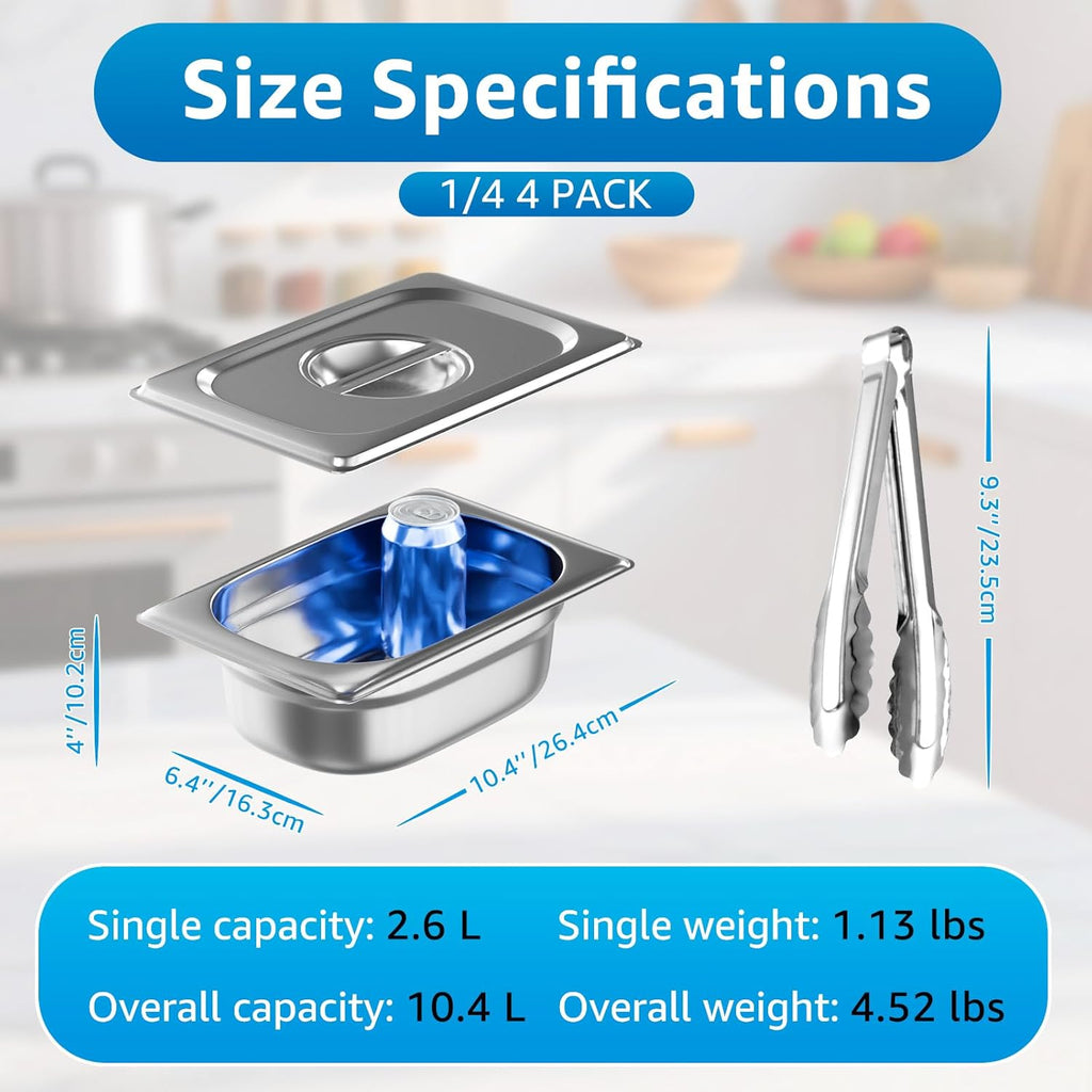 1/4 Size Commercial Hotel Pans 4" Deep (4 Pack), Stainless Steel Restaurant Food Pans with Lids, Versatile Food Prep Containers for Salad Bars & Meal Prep, Anti-Jam & Easy Clean, 4 Kitchen Tongs