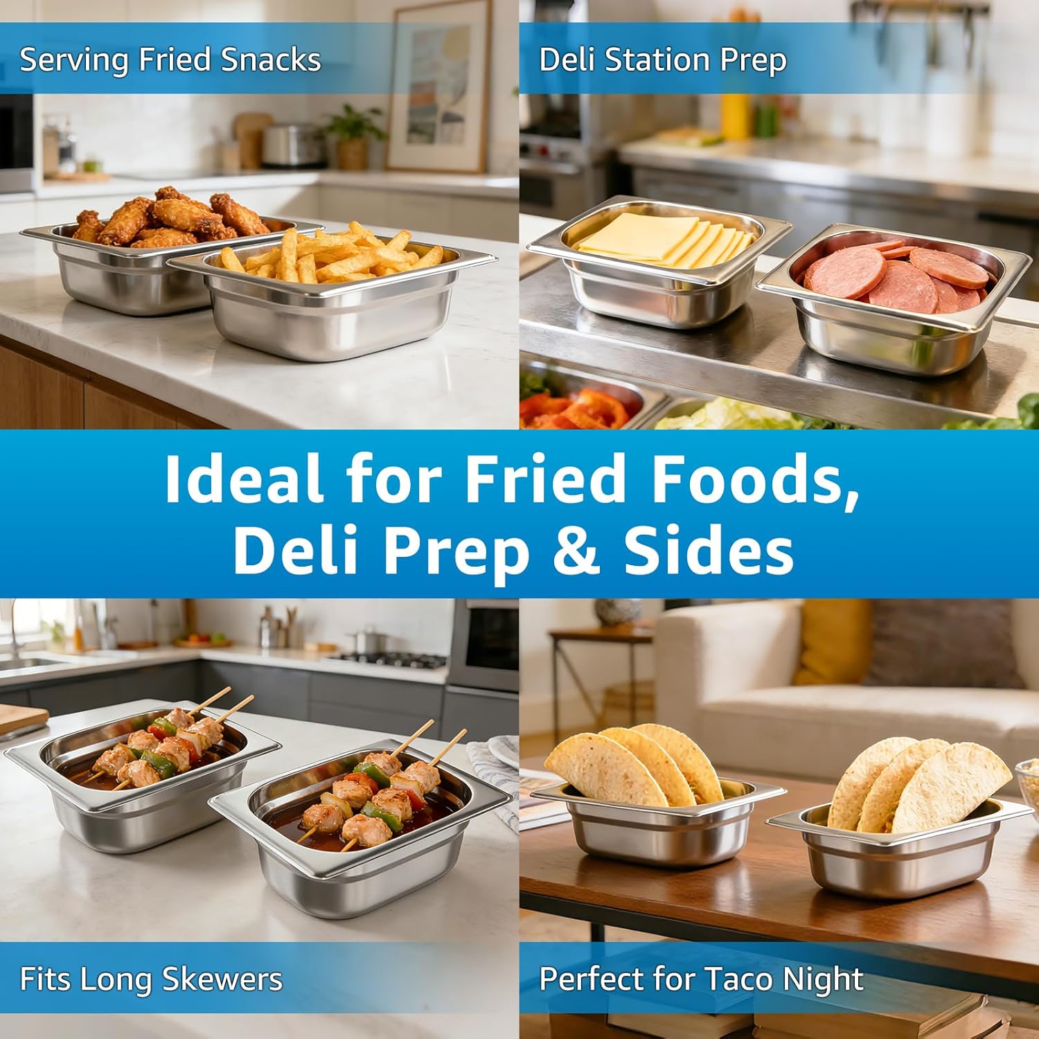 1/4 Size Commercial Hotel Pans 4" Deep (4 Pack), Stainless Steel Restaurant Food Pans with Lids, Versatile Food Prep Containers for Salad Bars & Meal Prep, Anti-Jam & Easy Clean, 4 Kitchen Tongs