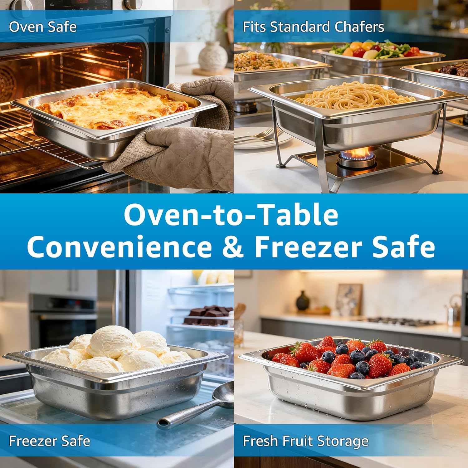 1/2 Half Size Commercial Hotel Pans 4" Deep (4 Pack), Stainless Steel Steam Table Pans with Lids, Anti-Jam Restaurant Food Pans for Baking, BBQ Marinating & Catering Events, Oven Safe, 4 Kitchen Tongs
