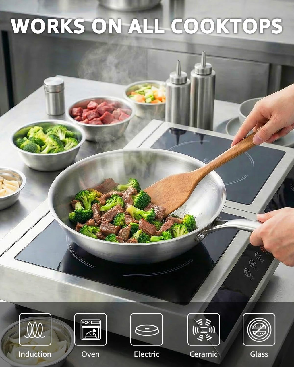 Bzayeat Stainless Steel Wok Pan, 10 Inch Flat Bottom Tri-Ply Uncoated Wok for Stir Fry, Heavy-Gauge Chef Cookware for Induction & Electric Stoves, PFOA/PFOS Free, Detachable Handle