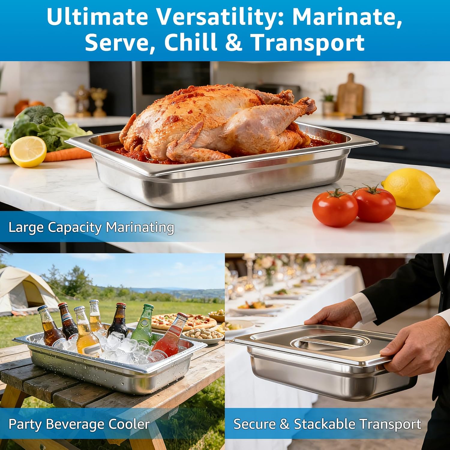 1/1 Full Size Commercial Hotel Pans, 4" Deep (4 Pack), Stainless Steel Steam Table Pans with Lids, Anti-Jam Restaurant Food Pans for Baking, BBQ Marinating & Catering Events, Oven Safe, 4 Kitchen Tongs